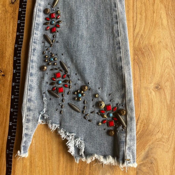 AZI Jeans boho embellished jeans turqouise, coral copper beads, floral size 0 - Picture 3 of 9